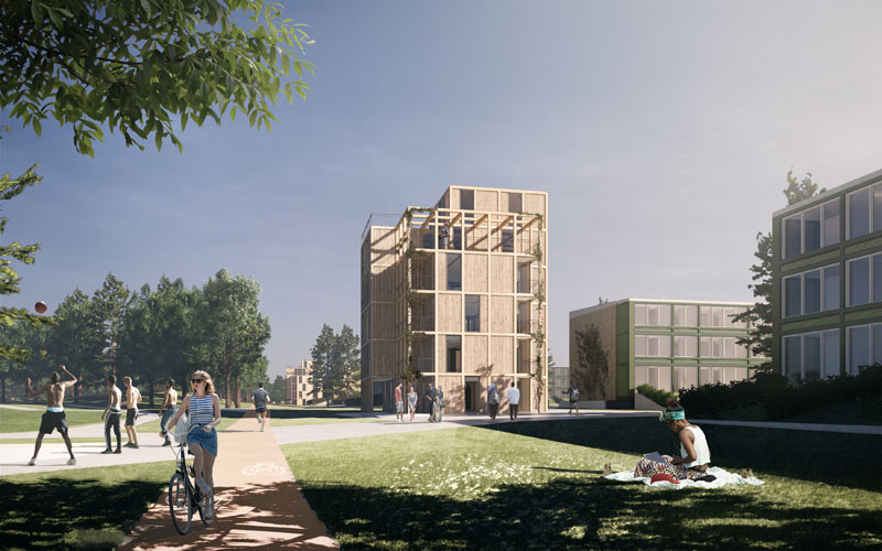 Illustration af nye ungdomsboliger som punkthuse opført i træ. Illustration udarbejdet af JAJA Architects.